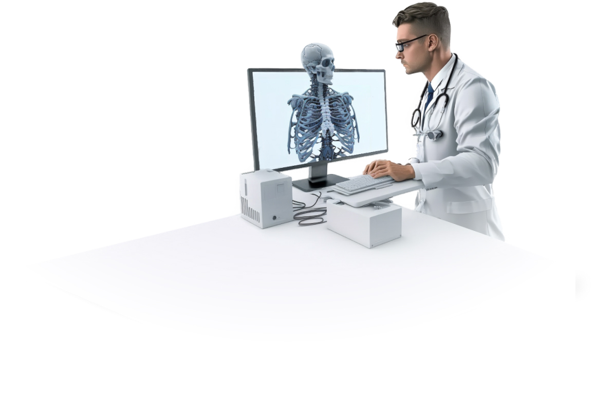 Doutor analisando um esqueleto no computador